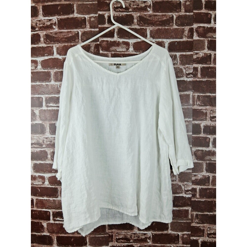 FLAX 100% Linen Pleated Tunic MEDIUM White Oversized Boho Lagenlook Minimalist